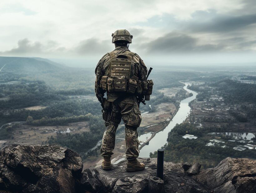 A soldier on the edge of a cliff